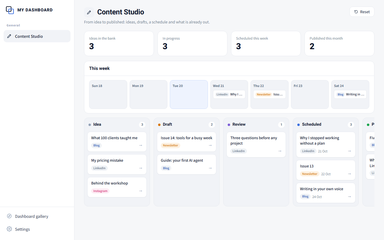 Content Studio: All previews show sample data only.