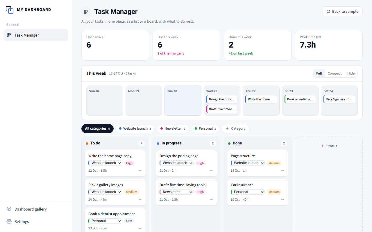 Task Manager: All previews show sample data only.
